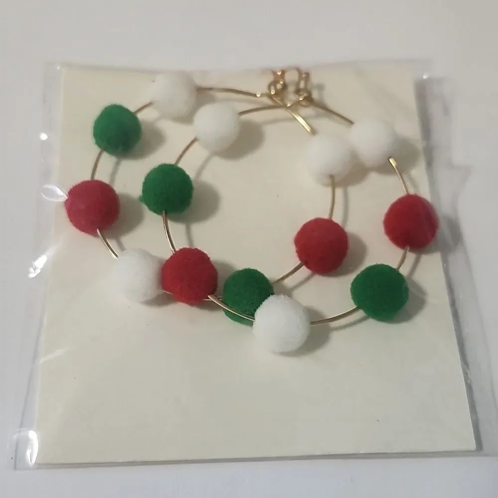 Festive Gold Dangle Hoop Earrings with Red, Green, and White Accents
